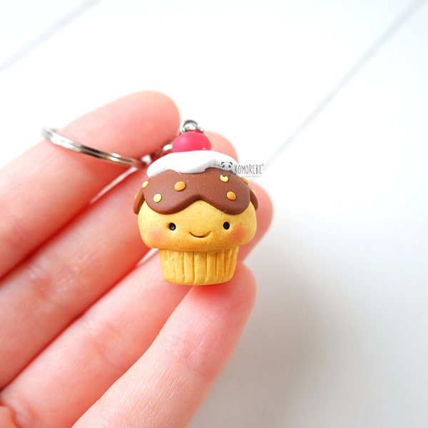 Kawaii cupcake in fimo keychain, muffin, sweetie, cherry, strawberry, cream, chocolate in polymer clay