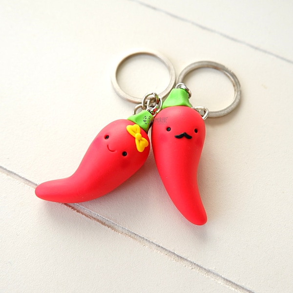 Kawaii Chili Peppers, We are Hot together, Keychain Couple, Valentine's Day, Polymer Clay Keychain (Fimo)