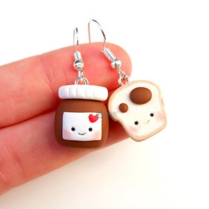 Bread and Nutella kawaii dangle earrings, jar of Nutella, bread with chocolate, bff, handmade in polymer clay