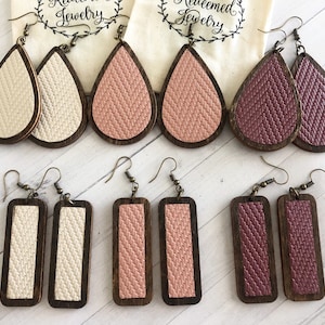 Leather Wooden Teardrop & Rectangle Earrings