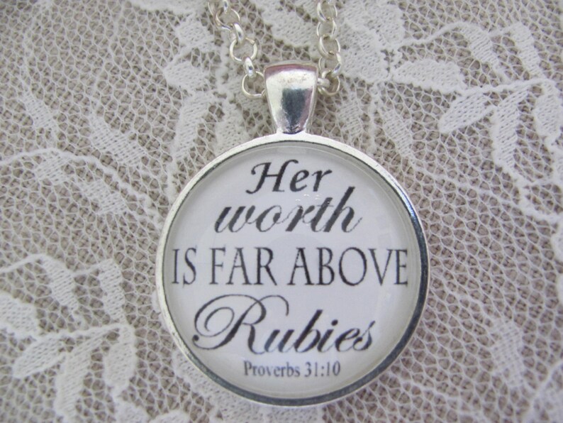 Bible Verse Pendant Necklace Her worth is far above rubies. Proverbs 31:10 image 2