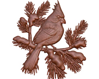 Cardenal en una rama de pino (modelo 3D, archivo STL) (descarga digital)