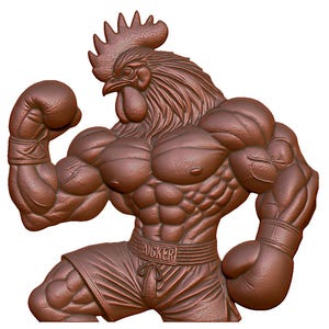 Könnte beinhalten: Eine braune, muskulöse Hahnfigur, die Boxhandschuhe und Shorts trägt. Der Hahn hat einen entschlossenen Ausdruck und ist bereit zu kämpfen. Die Figur ist aus einem strukturierten Material gefertigt und hat ein realistisches Aussehen.