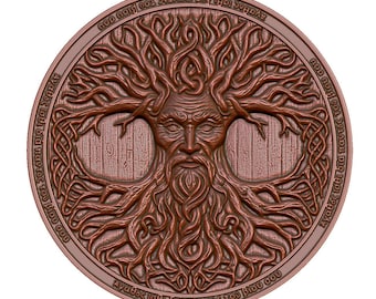 May include: A circular, copper-colored metal plaque with a detailed carving of a tree of life. The tree has a human face with a beard and is surrounded by a circular inscription in Greek.
