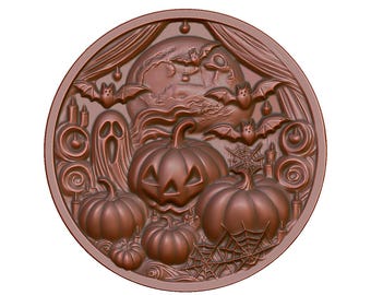 Halloween Pumpkin Bats Coin 3D Model STL, CNC Router Laser Engraving (Digital Download)