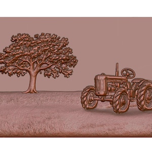 Archivo STL de modelo 3D de tractor antiguo con roble: relieve de escena de granja para fresadora CNC, grabado láser e impresión 3D. Descarga digital instantánea.