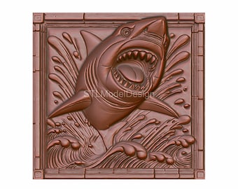 May include: A brown, wooden, framed wall plaque with a 3D carving of a shark jumping out of the water. The shark has a large, open mouth with sharp teeth. The water is carved with waves and splashes.
