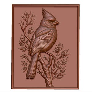 Arquivo STL de relevo 3D de pássaro cardeal para roteador CNC, gravação a laser e impressão 3D - Download digital instantâneo - Arte de parede rústica de vida selvagem