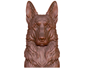 May include: A bronze-colored sculpture of a German Shepherd dog's head. The sculpture has detailed fur texture and prominent ears. The dog's face is centered, with a focused gaze, and the sculpture is set against a white background.