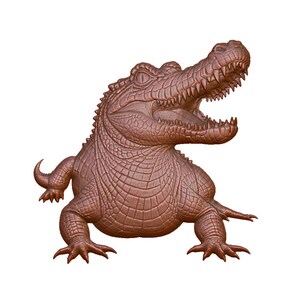 May include: A bronze-coloured alligator sculpture with an open mouth, revealing sharp teeth. The alligator has detailed scales and is posed with its front legs forward, giving it a dynamic appearance. The sculpture is set against a white background.