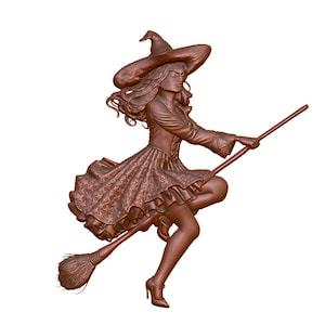 以下が含まれることがあります： ほうきに乗った魔女のブロンズ色の彫刻。魔女は尖った帽子、星模様のドレス、ハイヒールを身に着けています。彼女の髪は後ろになびいています。ほうきは毛が細かく表現されています。