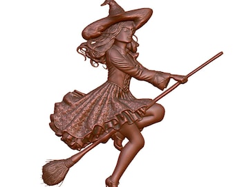 May include: A bronze-colored sculpture of a witch riding a broom. The witch wears a pointed hat, a dress with a star pattern, and high heels. Her hair flows behind her as she flies. The broom is detailed with bristles.