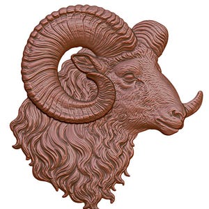 May include: A detailed, three-dimensional sculpture of a ram's head, crafted in a rich, copper-toned colour. The ram's horns are curled and intricate, and its face is realistically sculpted with a textured, woolly coat.
