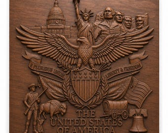 Puede incluir: Un detallado relieve de madera marrón del sello de los Estados Unidos de América. El diseño incluye un águila con las alas extendidas, la Estatua de la Libertad, el Capitolio y figuras históricas. El texto dice "E Pluribus Unum", "Liberty & Freedom", "The United States of America" y "Est. 1776".