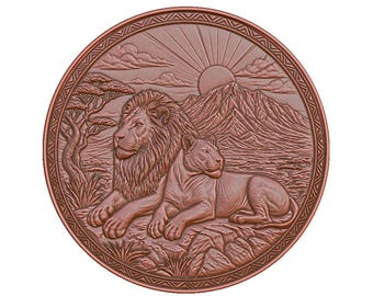 Archivo STL de relieve de pareja de leones – Arte mural de la sabana africana (descarga digital)