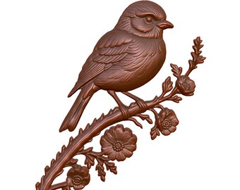 Può includere: Scultura di uccello color bronzo posata su un ramo fiorito. L'uccello, con dettagli di piumaggio, è rivolto verso destra. Il ramo presenta spine e diversi fiori aperti. Sfondo bianco.