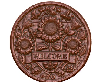 May include: A round, wooden welcome sign with a rustic brown finish. The sign features a carved design of sunflowers, leaves, and bees. The word "WELCOME" is displayed in a banner across the center of the sign.