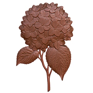 May include: A bronze-colored, three-dimensional sculpture of a hydrangea flower. The sculpture features a detailed rendering of the flower's petals and leaves, with a stem. The artwork is set against a white background.