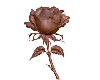 May include: A detailed, bronze-colored rose sculpture. The rose features intricately carved petals, leaves, and stem, showcasing a realistic floral design. The sculpture is set against a plain white background.