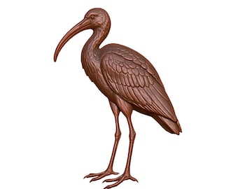 May include: A bronze-colored sculpture of a bird with a long, curved beak and detailed feather textures. The bird stands tall on slender legs, with its head slightly tilted. The sculpture is set against a plain white background.