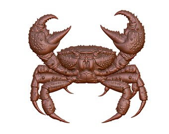 May include: A detailed, bronze-colored crab sculpture with large claws and textured body. The crab is depicted in a frontal view, showcasing its intricate details and symmetrical design. The sculpture is set against a plain white background.