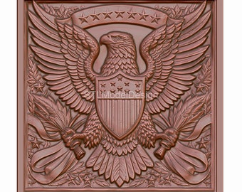 May include: A copper-coloured relief sculpture of an American bald eagle with outstretched wings, holding a shield with stars and stripes. The eagle is surrounded by a wreath of leaves and stars.
