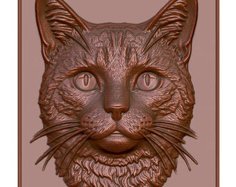 May include: A close-up of a copper-colored cat head sculpture with a detailed, textured surface. The cat's eyes are large and round, and its whiskers are prominent.