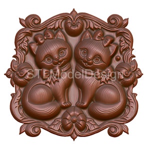 Cute Cats in Floral Frame 3D Model STL File for CNC Router, Laser Engraving, and 3D Printing - Instant Digital Download