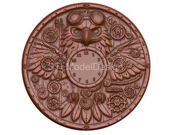 May include: A circular, brown, metal wall clock with a steampunk design. The clock face features a stylized eagle with goggles, wings, and gears. The clock face has Roman numerals and a blank white background.