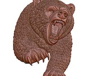 May include: A 3D printed sculpture of a brown bear with its mouth open in a roar. The bear is standing on its hind legs with its front paws raised.
