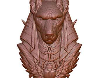 May include: A detailed, brown relief sculpture of Anubis, the ancient Egyptian god of the afterlife, with a dog-like head and intricate details. The sculpture includes an ankh symbol and a scarab beetle with wings, all in a symmetrical design.
