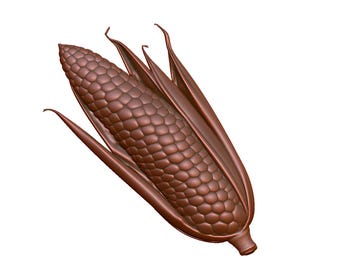 May include: A brown corn on the cob with detailed kernels and surrounding husks. The image is a studio shot with a white background. The corn appears to be a 3D rendering or a sculpture.