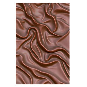 以下が含まれることがあります： デジタルレンダリングされた、流れるような布地の画像。素材は、折り目や曲線を引き立てるハイライトと影のある、豊かで温かみのある茶色です。生地は滑らかで絹のように見えます。
