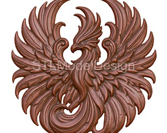 May include: A detailed, intricately carved, copper-colored phoenix with outstretched wings. The phoenix is a mythical bird that symbolizes rebirth and immortality.