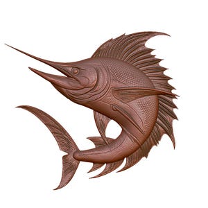 May include: A bronze-colored sculpture of a sailfish, showcasing intricate details. The fish is depicted in a dynamic pose, with its distinctive dorsal fin and elongated bill prominently displayed. The sculpture is set against a plain white background.