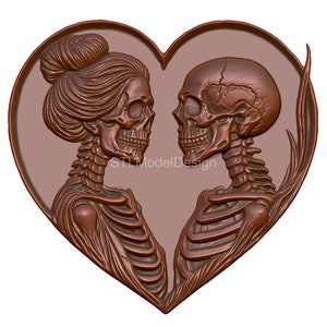 May include: A brown relief sculpture of two skeletons facing each other within a heart-shaped frame. The skeletons are detailed, with visible rib cages and skulls. The woman skeleton has her hair up in a bun. The text "STLModelDesign" is visible.