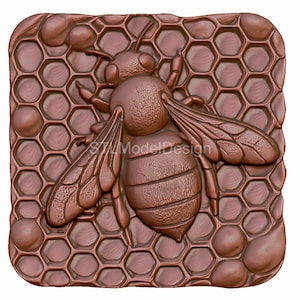 May include: A 3D printed, copper-colored bee sculpture with detailed wings and a honeycomb background.