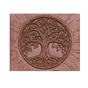 May include: A copper-coloured, rectangular wall art piece featuring a detailed relief of a tree within a circular frame. The tree has intricate branches and leaves, set against a textured background with radiating lines.