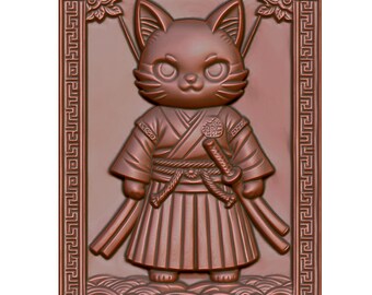 May include: A brown, cartoon cat wearing a samurai outfit with a sword. The cat is standing on a wave pattern and is framed by a decorative border.