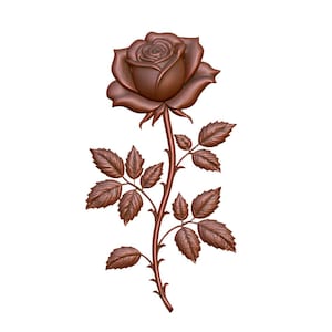 Può includere: Scultura dettagliata di una rosa marrone con una testa di fiore completamente sbocciata, stelo e foglie. La rosa è un design tridimensionale, con dettagli intricati sui petali e sulle foglie. Lo stelo ha spine.