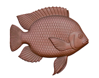 May include: A bronze-colored fish sculpture with detailed scales, fins, and a prominent dorsal fin. The fish is depicted in a side profile, showcasing its eye and mouth. The sculpture has a textured surface and is set against a white background.