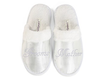 Grooms Mother Bridal Party Spa Slippers - Hen Party, Wedding, Diamante Rhinestone Crystal, Closed Toe Hotel Honeymoon Slippers