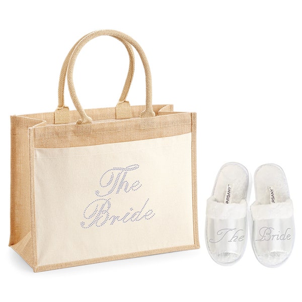 Bride Jute Burlap Bag & Bride Fuzzy Slipper Set, Eco-Friendly Bride Makeup Bag, Bride to Be Slippers, Bride Squad, Team Bride, Gift for Her