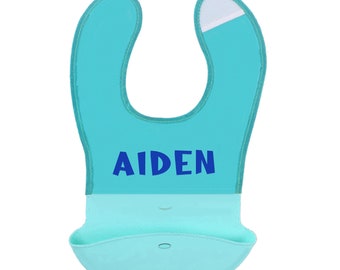 Personalised Baby Toddler Silicone Weaning Bib, Food Crumb Catcher Pocket, Super Soft, Easy to Wipe Clean, Foldable Travel Bib by Varsany