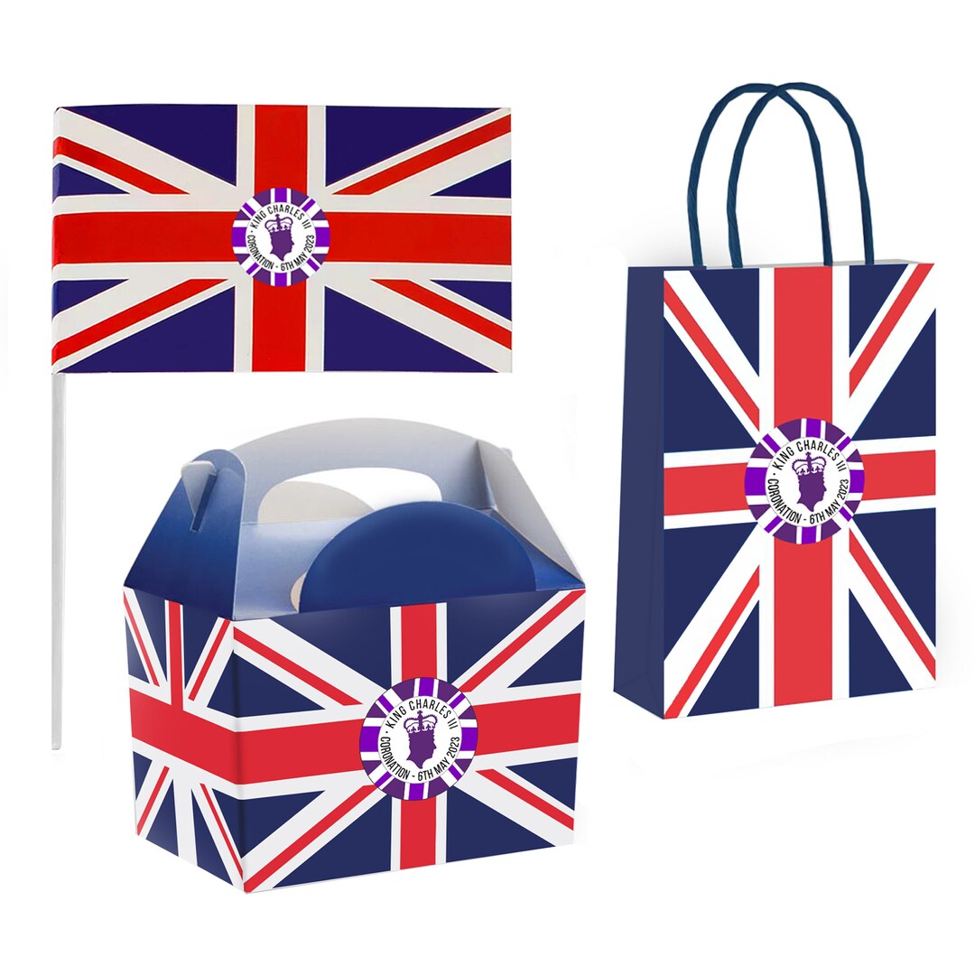 Union Jack Party Supplies Set Flag, Paper Lunch Box & Gift Bags, Water, King Charles Coronation