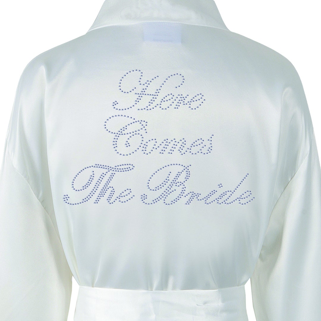 Here Comes the Bride Luxury Satin Crystal Bridal Bathrobe Handmade