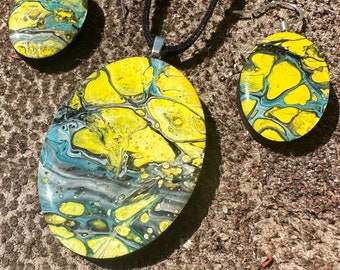 Paint Pour Jewelry - Lightweight Hand Painted Necklace and Earring set - One of a Kind, Unique pieces of wearable art - YELLOWS OVAL