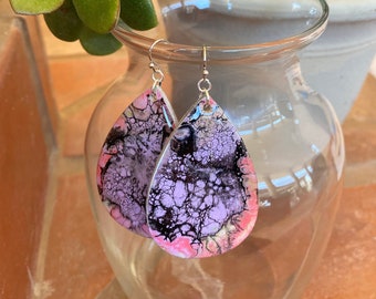 Paint Pour Earrings - Lightweight Hand Painted Wooden Resin Coated Earrings - One of a Kind Artistic Unique Jewelry