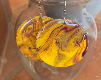 Paint Pour Earrings - Lightweight Hand Painted Wooden Resin Coated Earrings - One of a Kind Artistic Unique Jewelry
