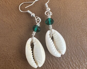 Cowrie seashell dangle earrings - beach lover, minimalist, BoHo, gypsy jewelry, ocean lover surfer jewelry